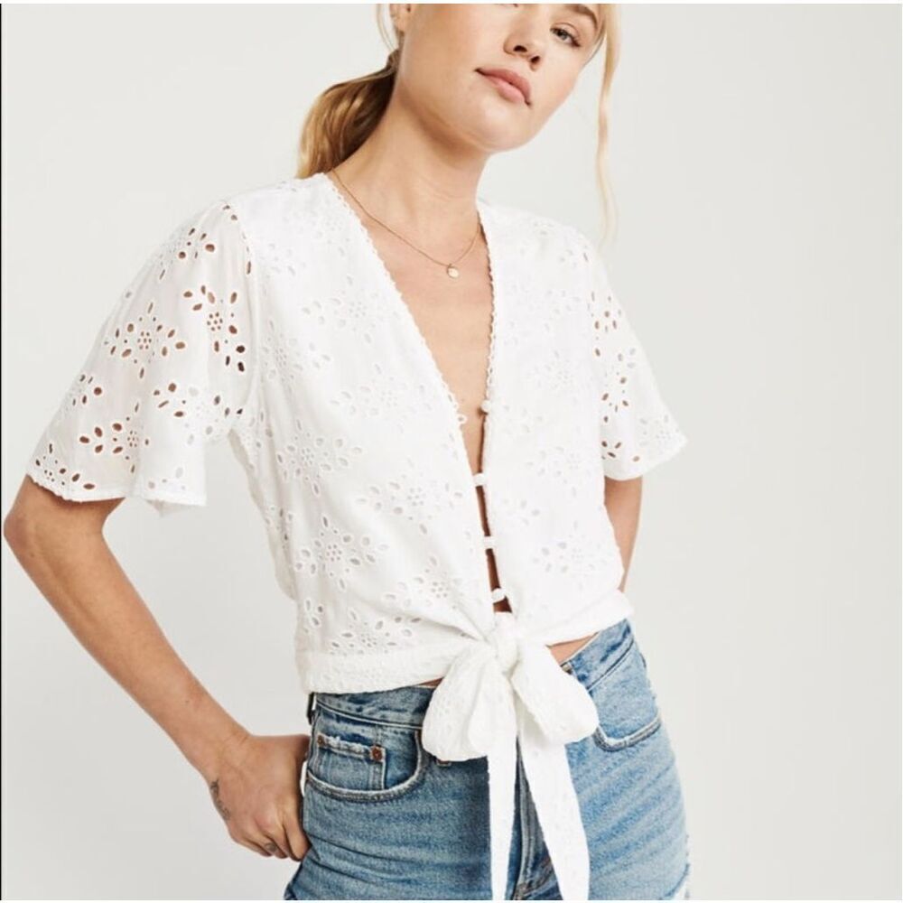 Abercrombie & Fitch Eyelet White Crochet Crop Tie Flutter Button Up Xs Xsmall AF